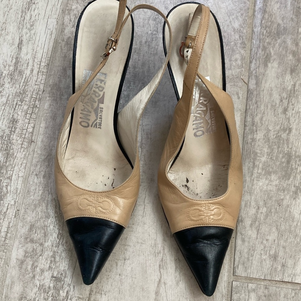 Salvatore Ferragamo Tan and Black Heels Elegant Design